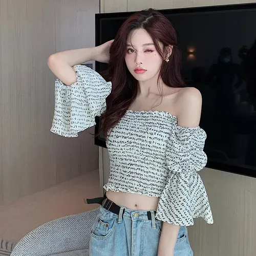 Women`s Blouses French Sexy Chiffon And Tops For Women 2023 Fashion Trend Letter Print Club Clothes Girls Off Shoulder Corset Top