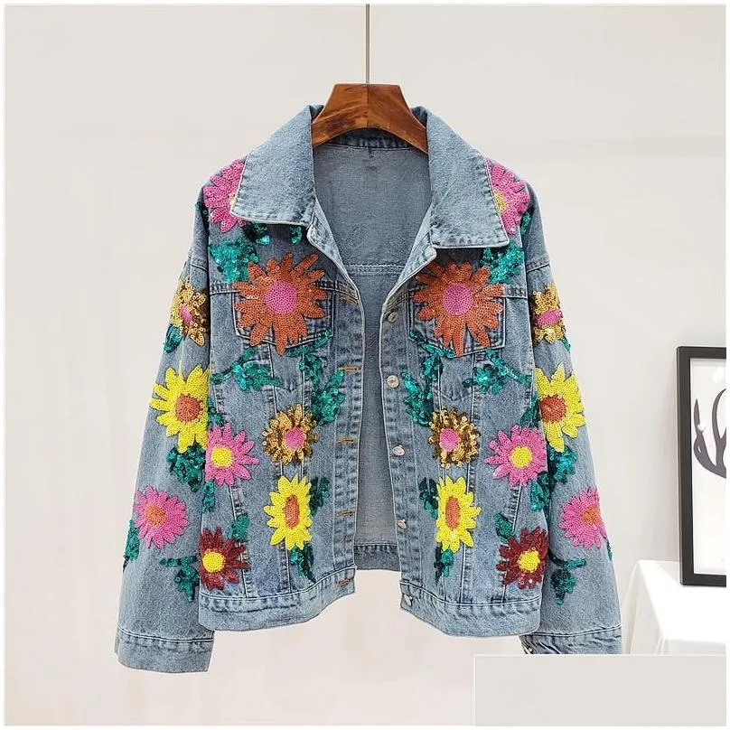 Women`s Jackets Spring Denim Jacket Women Sequins Floral Embroidery Long Sleeve Coat Female Sun Flower Loose Jeans Tide H532
