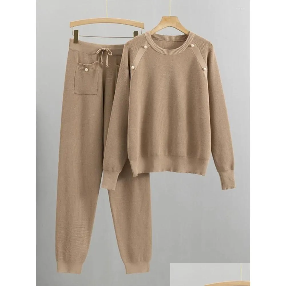 Women`s Two Piece Pants Casual Knitted Tracksuit Pant Sets O-neck Long Sleeve Sweatshirts Sweater Knit 2 Outfits Suits Female