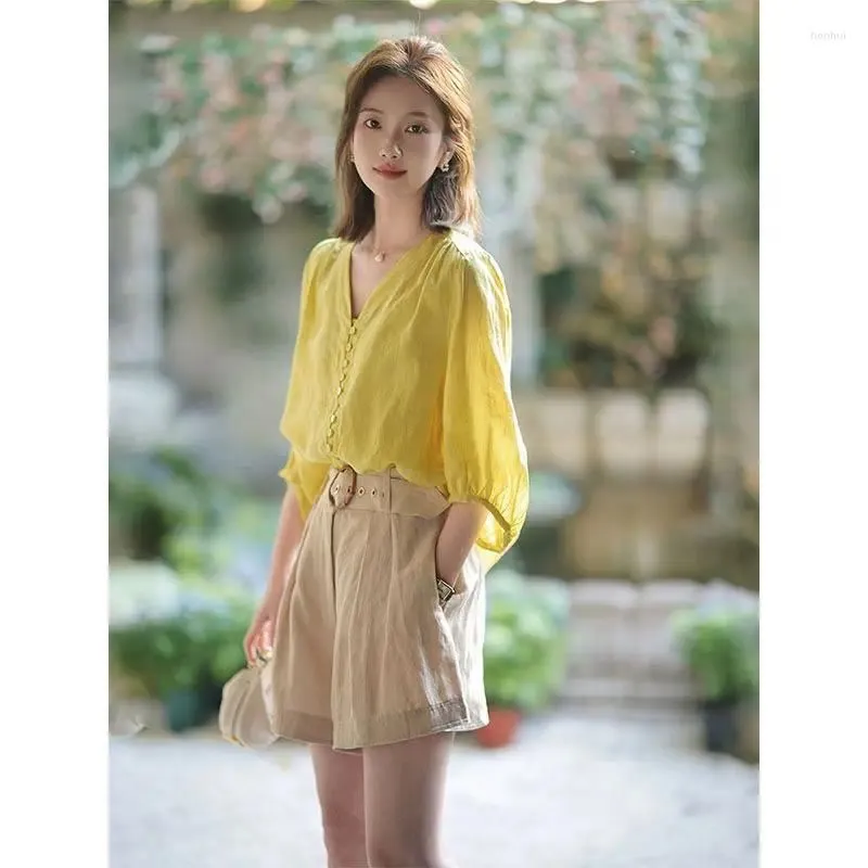 Women`s Blouses Fashion V-Neck Button Solid Color Puff Sleeve Clothing 2024 Spring Summer Loose Korean Tops Casual Shirts