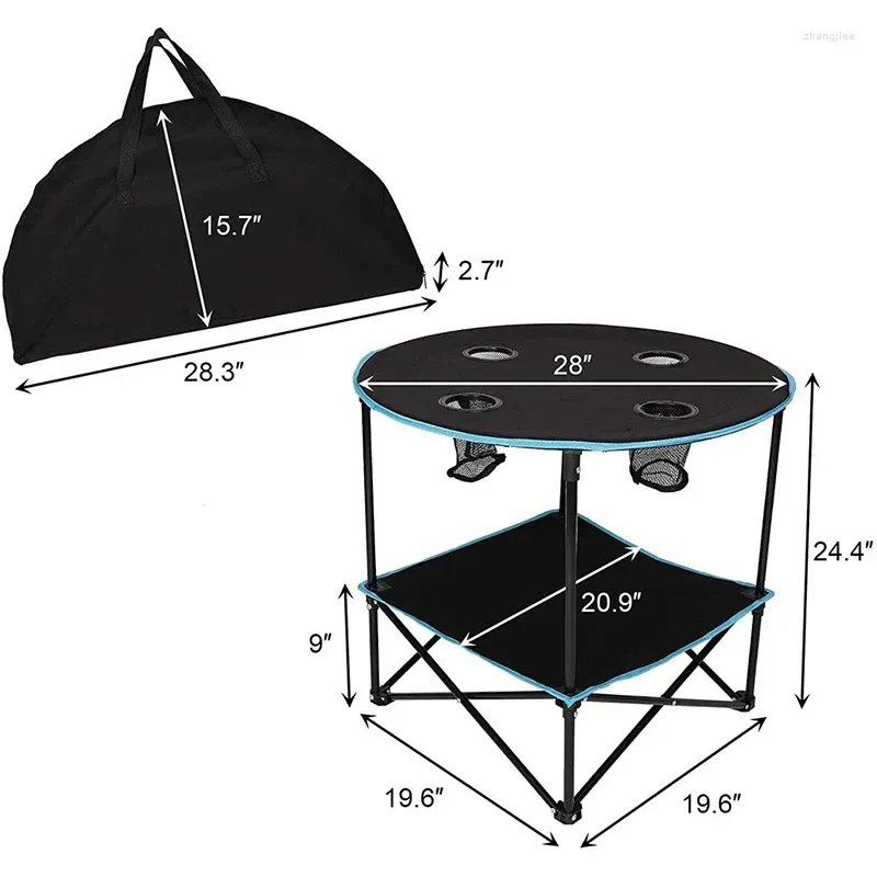 Camp Furniture Outdoor Folding Table Travel Camping Picnic Collapsible Round With 4 Cup Holders And Carry Bag