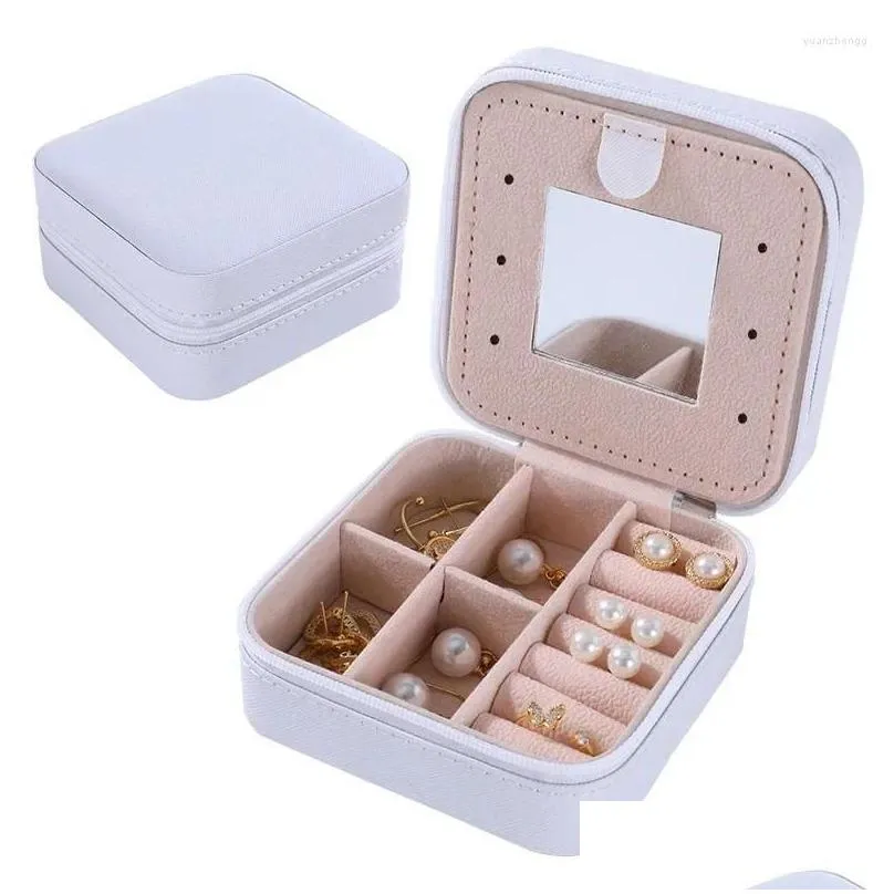 Storage Boxes Portable Jewelry Box Travel Ring With Mirror Necklace Earrings Stud Gift Packaging