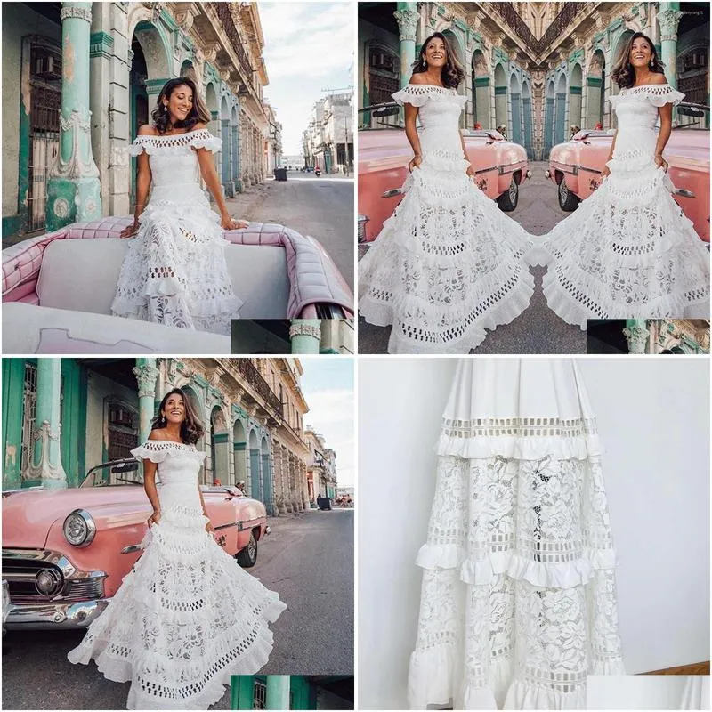 Party Dresses Sexy Lace Hollow Out Ruffle Dress Women Bohemian Fashion Off Shoulder Bridesmaids White Elegant Female Maxi