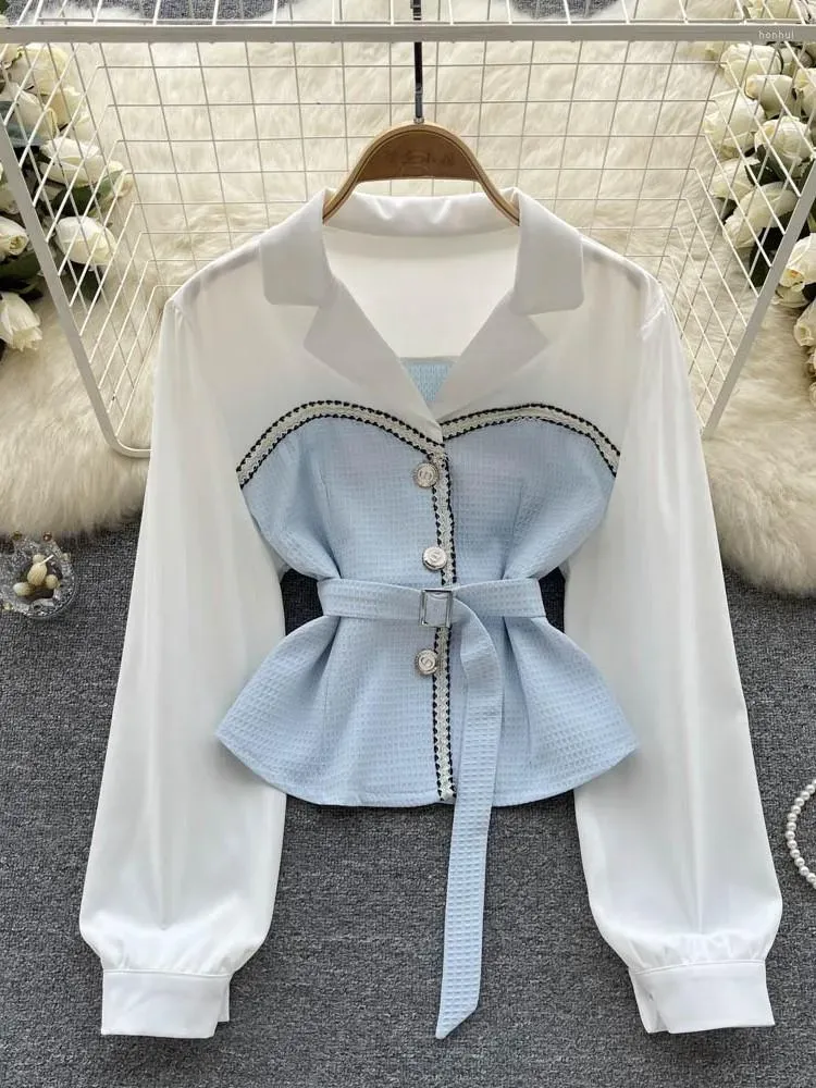 Women`s Blouses Elegant Est Vintage Patchwork Long Sleeve Women Shirt Casual Single Breasted OL Female Fashion Korean Tops Clothes