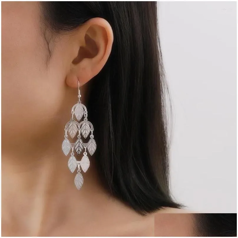 Stud Earrings Hollow Leaf Pendant Long Women`s Simple Retro Alloy Drop Dangle Trendy Jewelry