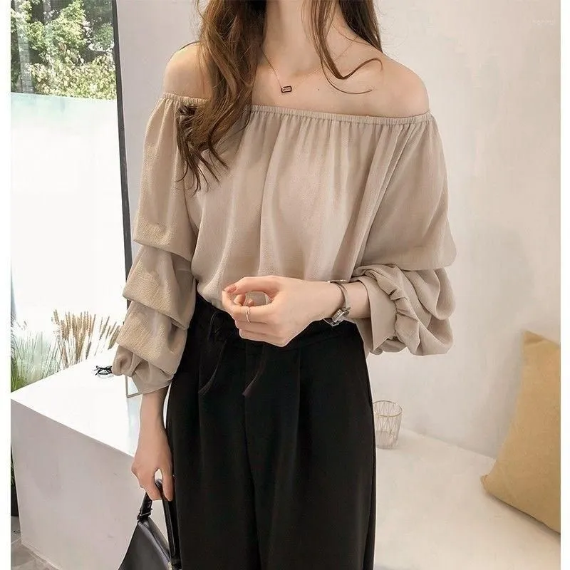 Women`s Blouses Women Blouse Summer Boat Neck Shoulder Chiffon Shirt Women`s Loose Bubble Top Blusas Mujer De Moda