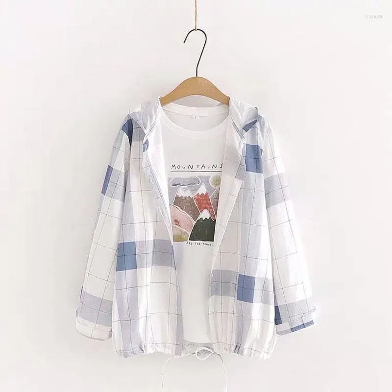 Women`s Blouses Cotton Linen Plaid Hooded Long-sleeved Top Jacket Female Summer Japanese Literary Fashion Loose Casual Sunscreen