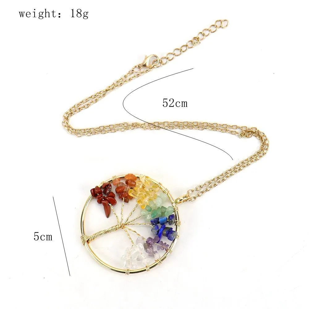 3 Styles Irregular Chip Stone Crystal Wire Wrap Tree of Life Pendant Amethyst Rose Quartz Chakra Beads Necklace for Women Jewelry