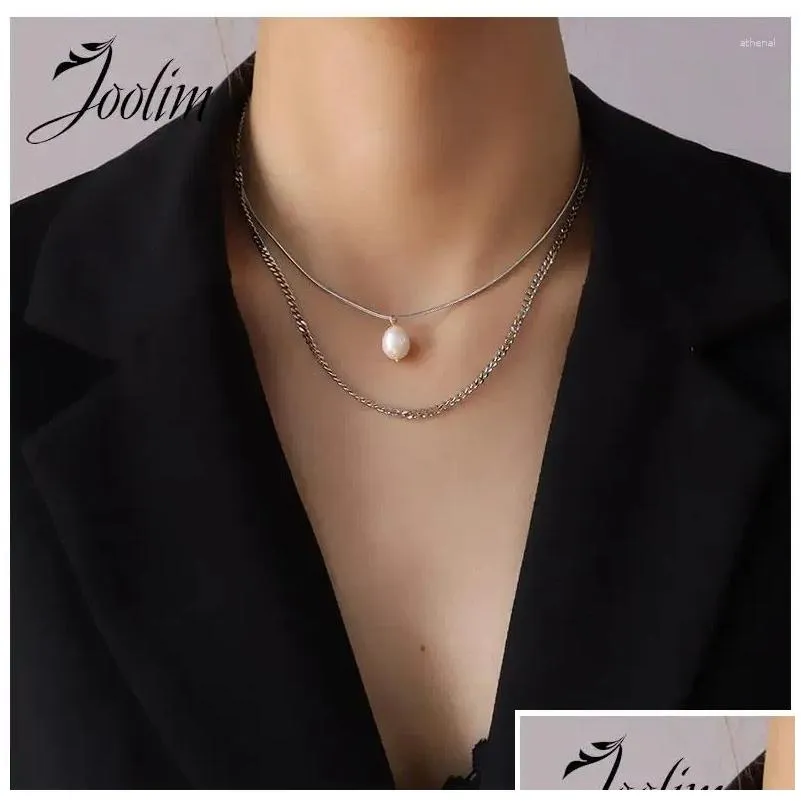 Pendant Necklaces Joolim Jewelry PVD Wholesale Tarnish Free Three Layers Freshwater Pearl Face Stainless Steel Necklace For Women