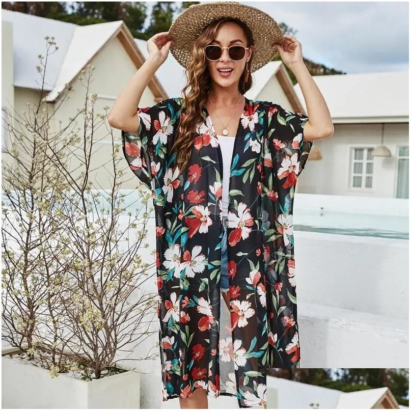 Women`s Swimwear 2021 Flower Printed Swimsuits Chiffon Swimsuit Beach Bathing Suit Cover Ups For Summer Holiday Dress Mujer