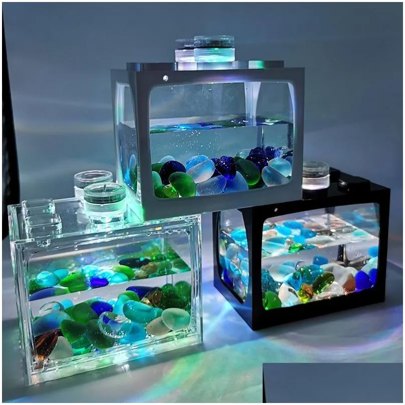 Mini Aquarium Fish Tank With Led Lights Home Office Decoration Feeding Box Aquariums Accessories