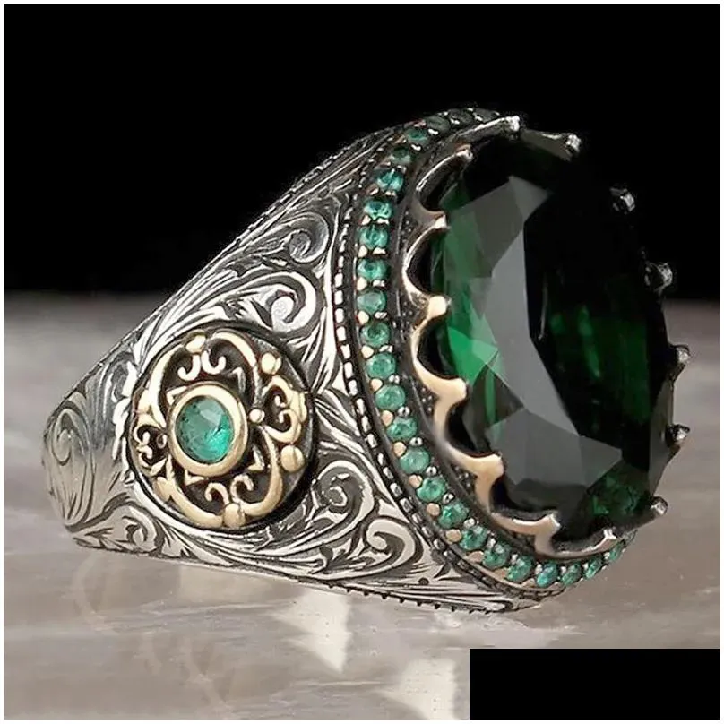 Wedding Rings Turkish Ethnic Retro Ring For Mens Vintage Black Zircon Fashion Punk Wind Islamic Relius Muslim Man Jewelry Drop Delive Dhpsv