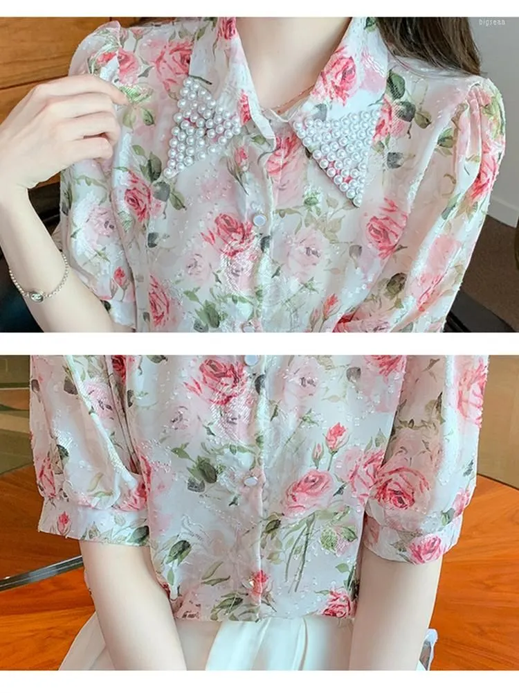 Women`s Blouses High Quality Pearls Lapel Collar Floral Chiffon Shirt Women Tops 2023 Puff Sleeve OL Elegant Blouse Blusas Camisas