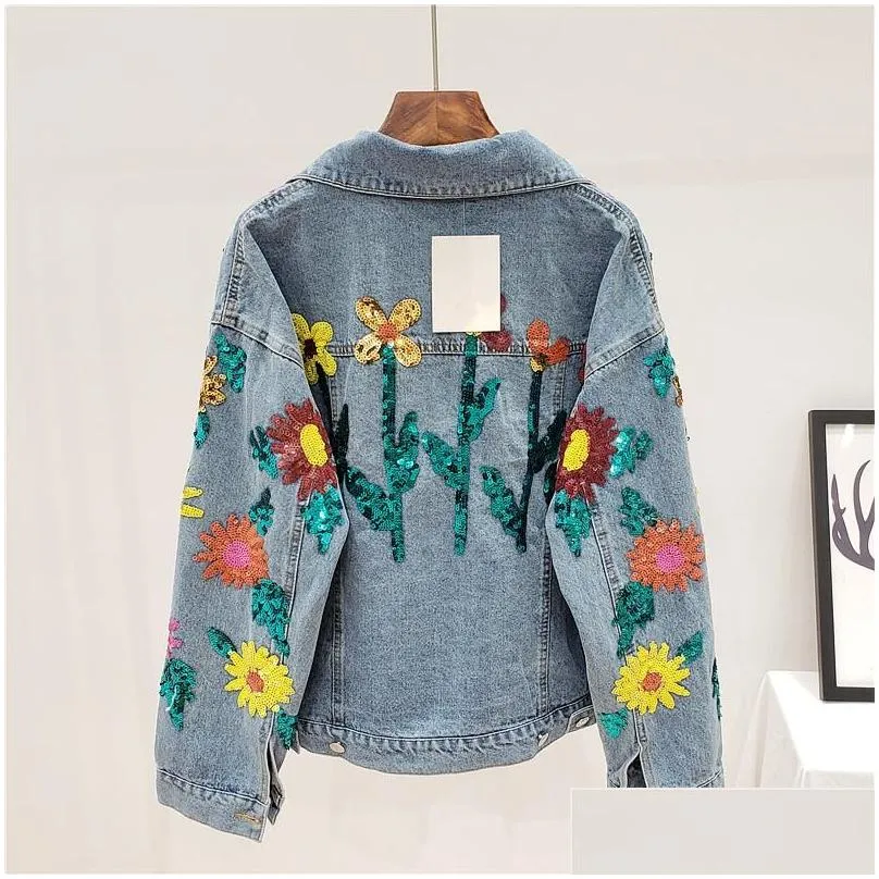 Women`s Jackets Spring Denim Jacket Women Sequins Floral Embroidery Long Sleeve Coat Female Sun Flower Loose Jeans Tide H532