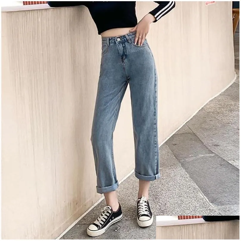 Summer Women Jeans Casual Straight High Waist Trousers Pants for Ladies Grils Ankle Length Plus Size S-XL