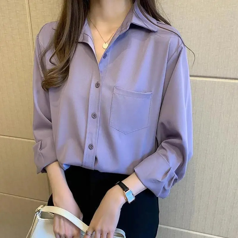 Women`s Blouses Retro Purple Long Sleeve Solid Color Shirt Simple Chiffon Tops And Blouse Women Elegant Clothing Blusas Mujer Q495