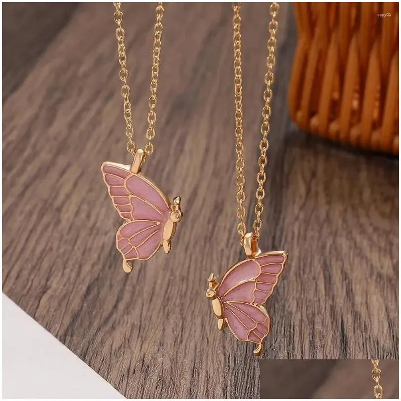 Pendant Necklaces Fashion Color Drop Oil Double Spell Butterfly Necklace For Women Female Vintage Friendship Set Clavicle Chain