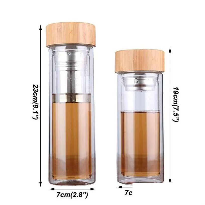 Water Bottles Portable Bamboo Lid Cups Double Walled Glass Tea Tumbler Strainer Infuser Basket Transparent Vt1805 Drop Delivery Home Dhpqu