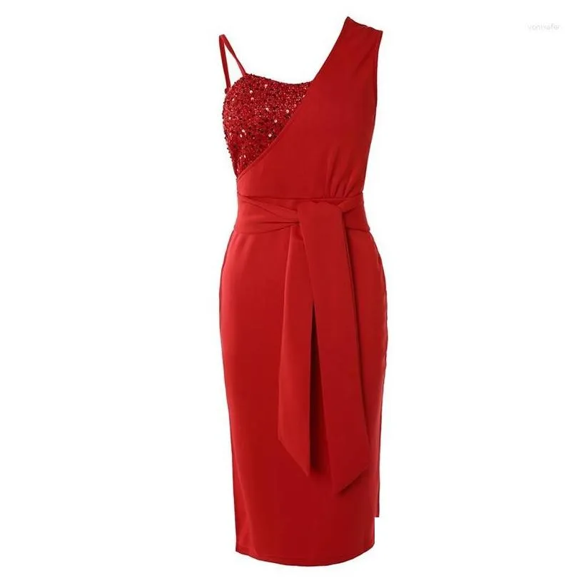 Casual Dresses Sexy One Shoulder Evening Dress Women`s Sequins Shiny Club Party Belt Slim Split Cocktail Midi Formal Gown