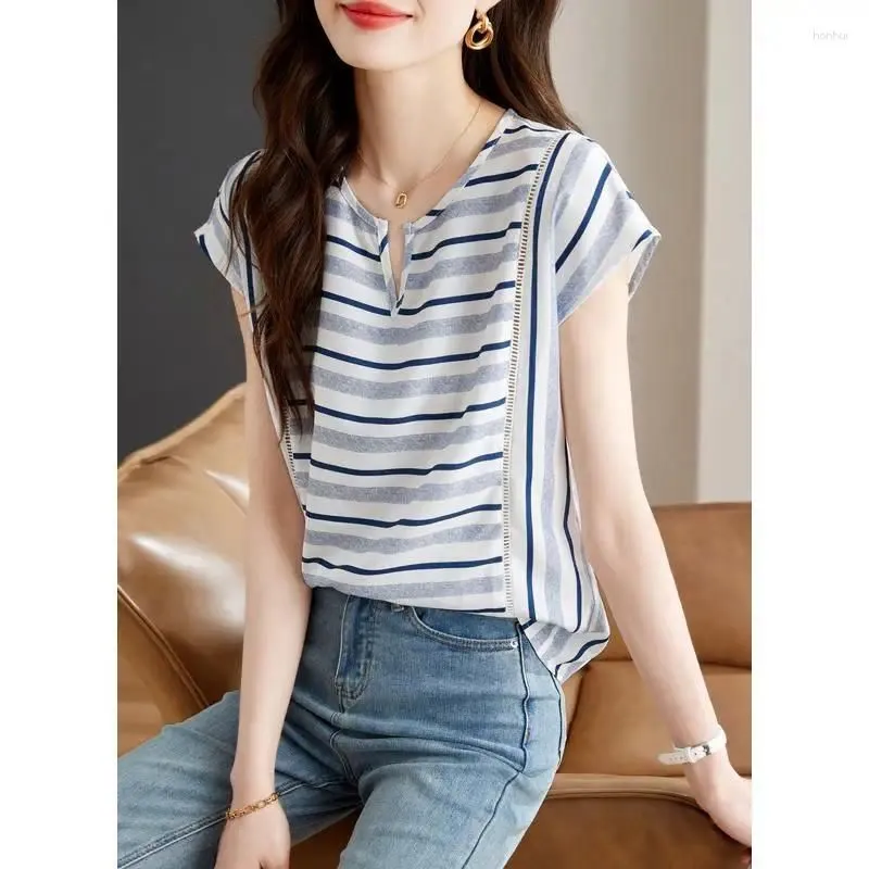 Women`s Blouses Summer Short Sleeve Temperament Clothing Striped Contrasting Colors V-Neck Loose Casual Korean Version Thin Tops