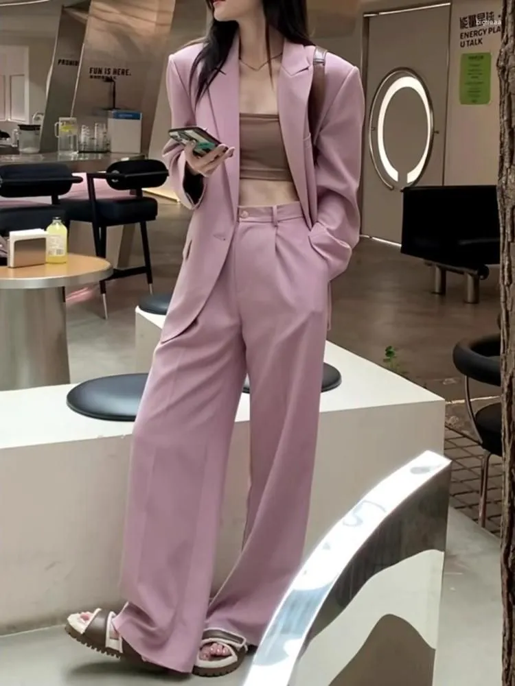 Women`s Two Piece Pants Woman Blazer Jacket Long Trousers Set Pink Office Korean Fashion Two-Piece Single Breasted Business Wear