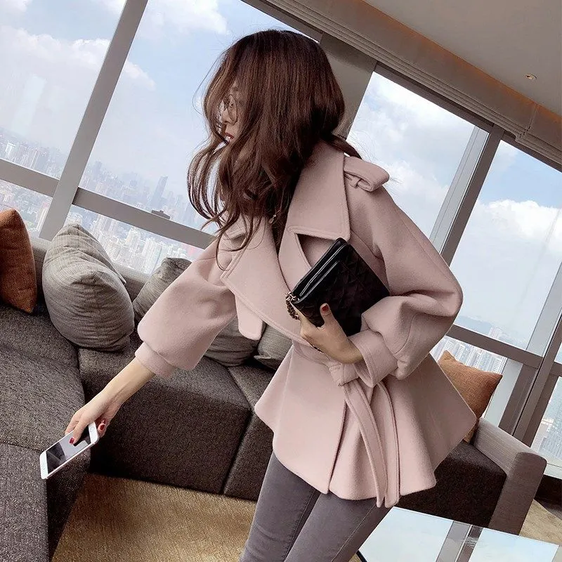 2019 Winter Women Casual Turn Down Collar Slim Elegant Jackets Sweet Lantern Sleeve Female Short Cute Blends Coat