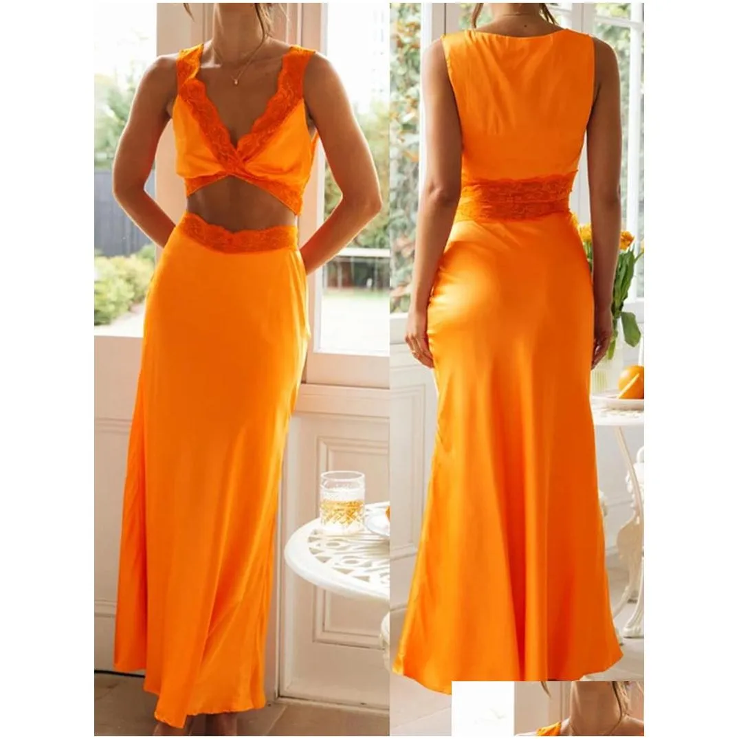 Work Dresses Women 2 Piece Skirt Outfits Sleeveless Lace Patchwork Crop Tops And Long Summer Clothes Set For Party Evening Prom Luxury