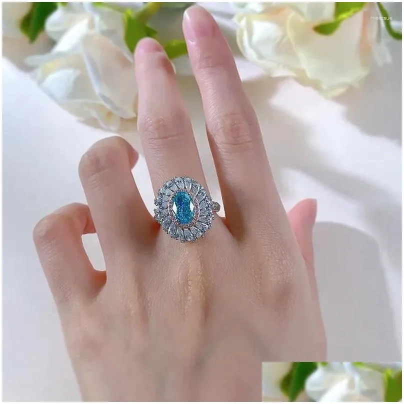 Cluster Rings S925 Silver Ring 6 9 Blue Zircon Inlaid Women`s Design Sense European And American Fashion