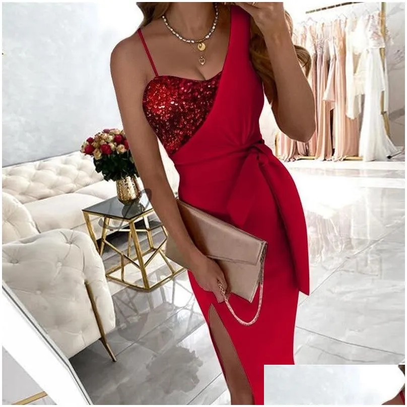 Casual Dresses Sexy One Shoulder Evening Dress Women`s Sequins Shiny Club Party Belt Slim Split Cocktail Midi Formal Gown
