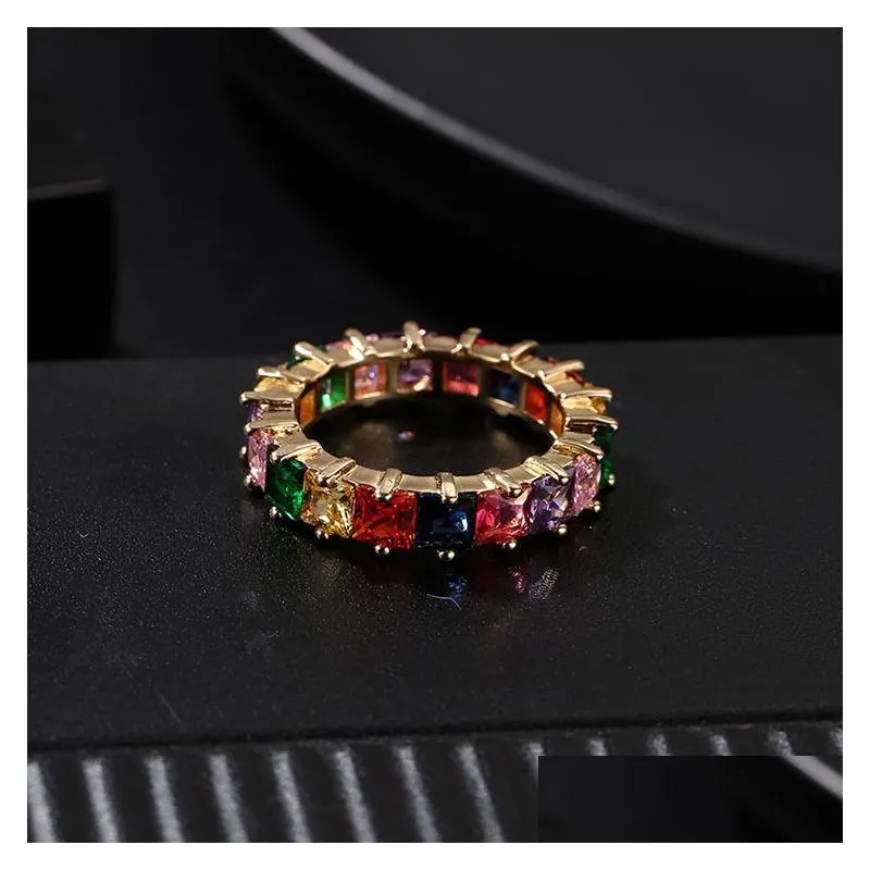 Wedding Ring Women Men 6-9 Gold Plated Rainbow Love Rings Micro Paved 7 Colors Flower Jewelry Couple Gift