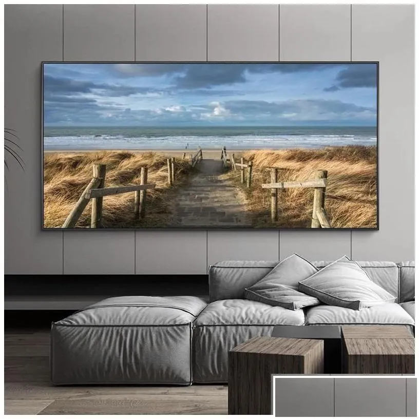 Paintings Beach Landscape Canvas Painting Indoor Decorations Wood Bridge Wall Art Pictures For Living Room Home Decor Sea Sunset Pri Dhtvm