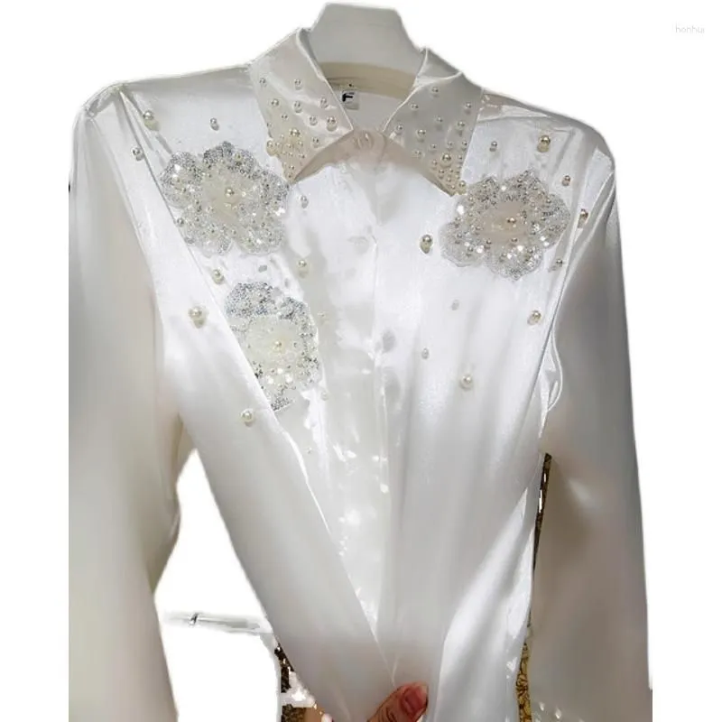 Women`s Blouses Syeaseam Korean Fashion Pearl Shirt Solid Autumn Heavy Industry 3D Flower Sequin Loose Size Female Clothing
