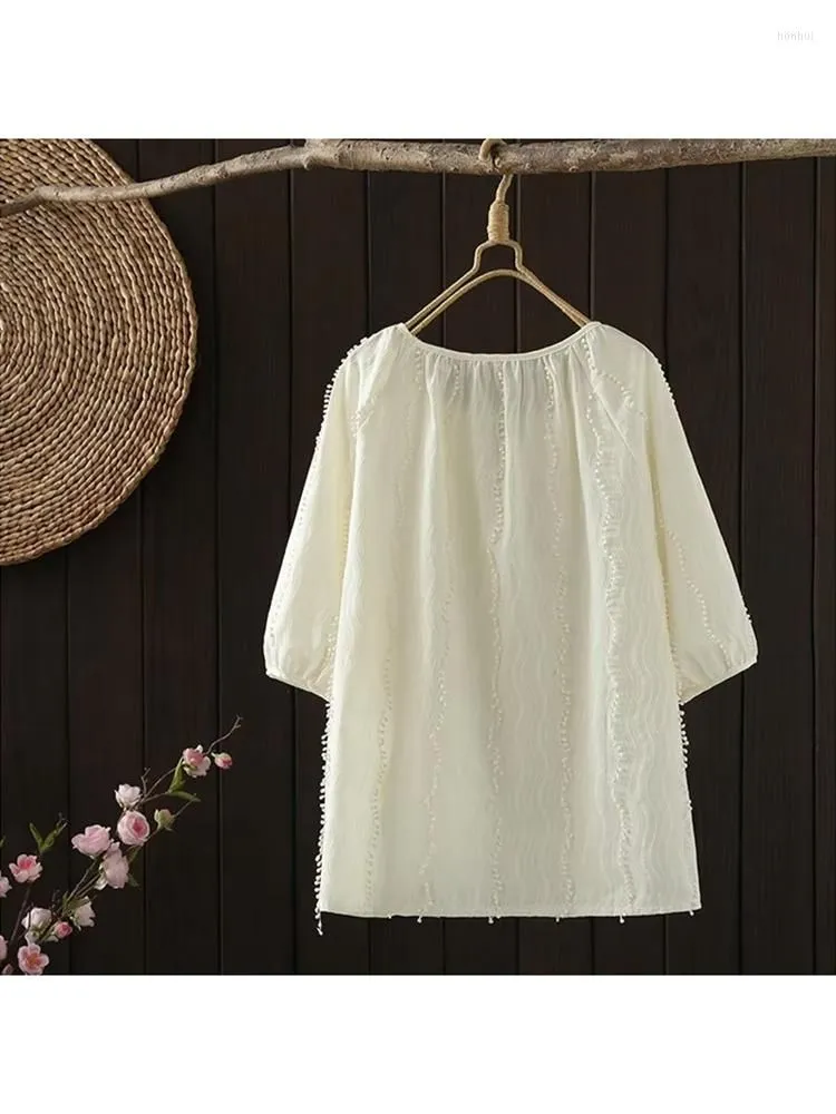 Women`s Blouses Lamtrip Unique 3D Ball Lacing O-Neck Half Sleeve Shirt Cotton Loose Top Mori Girl 2023 Summer