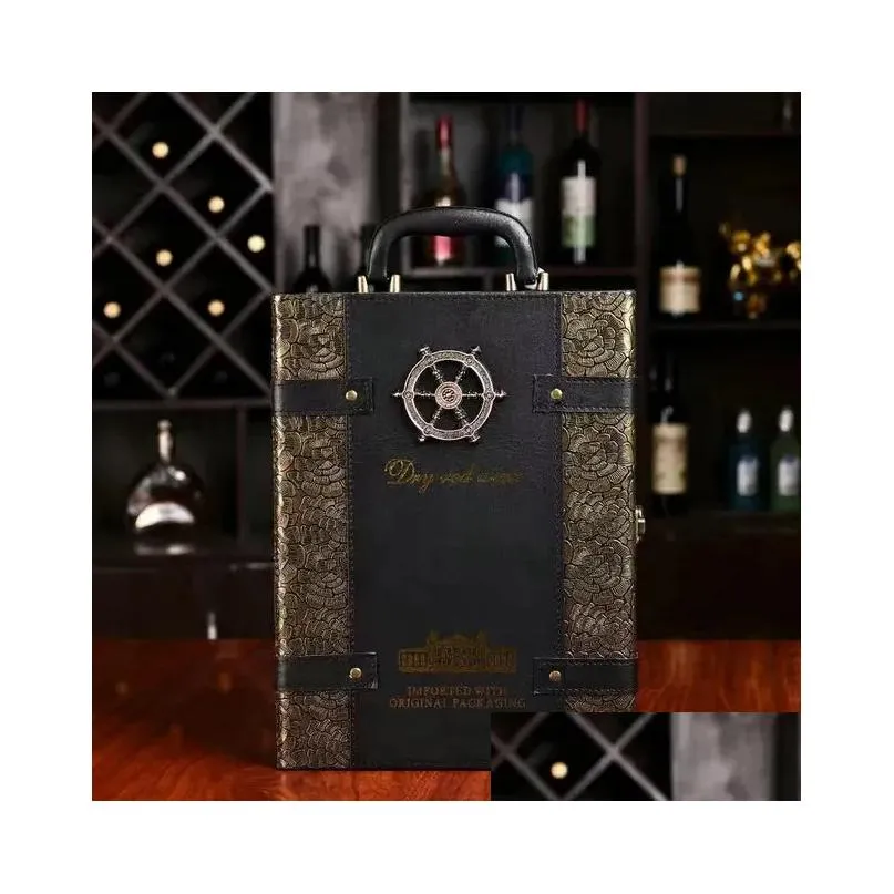 Bar Tools Home Storage Organizer Wooden Wine Box PU Leather Red Portable Double Packing Gift Luxury Holder 231205