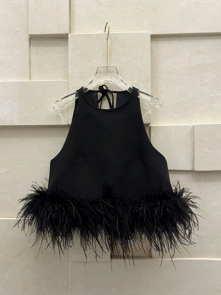 2024 Spring Black Womne`s Tops Designer Feathers Backless Sleeveless Mini Women`s Tanks Sexy Prom Camis 31702