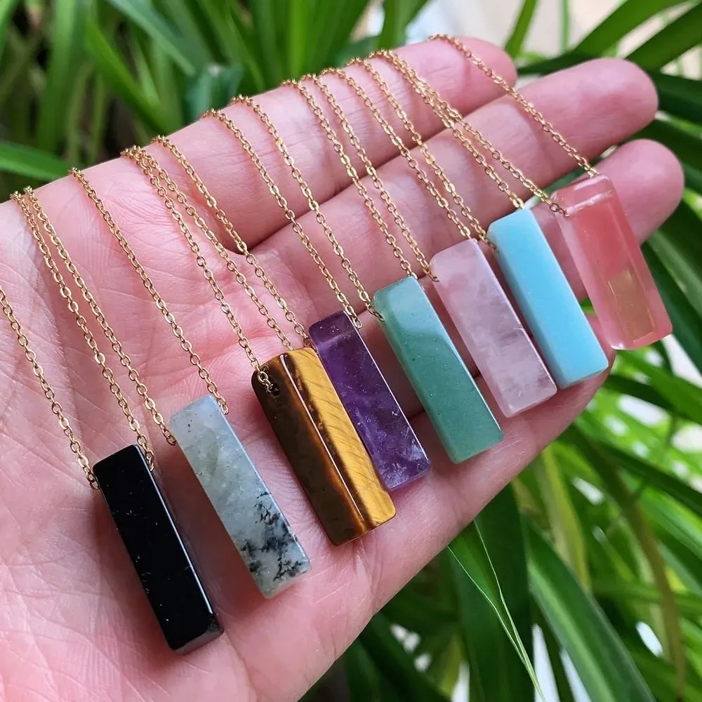 Small Stick Rectangle Tag Rose Quartz Crystal Choker Necklace for Women Blue Quartz Kyanite Green Malachite Purple Crystal Necklaces