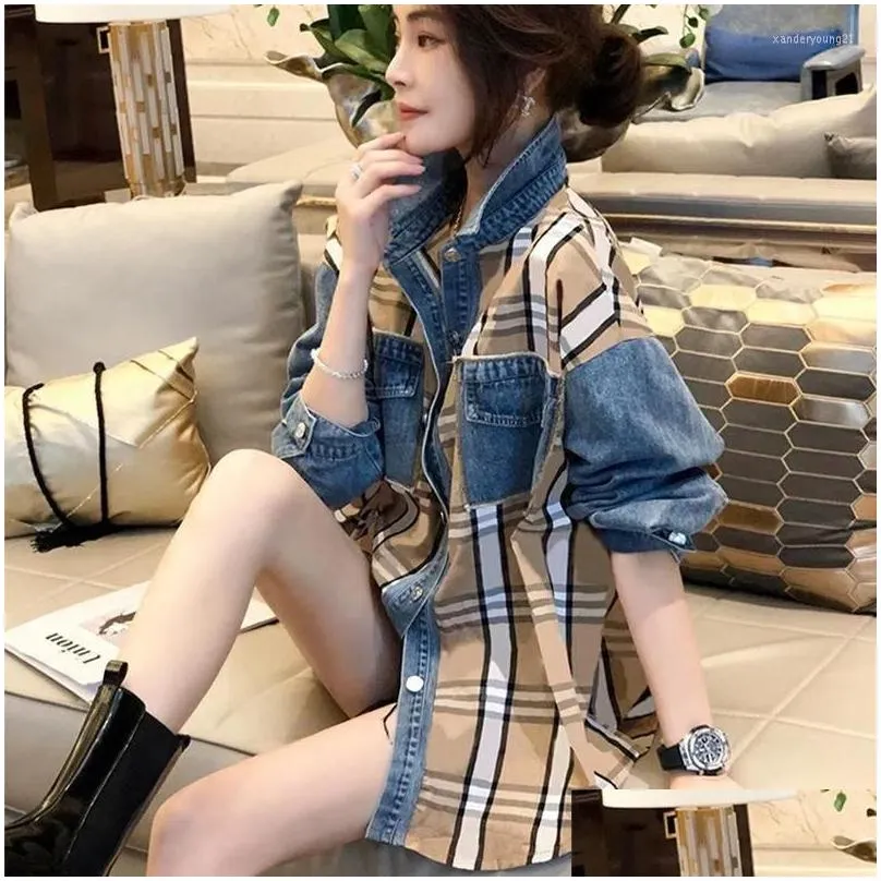 Women`s Blouses Hong Kong Style Denim Patchwork Plaid Shirt Women Foreign Relaxed Casual Design Feel Top Spring 2023 European Station