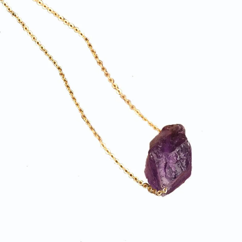 Gold Reiki Chakra Irregular Druzy Natural Stone Amethyst Pendant Necklace Rose Quartz Lapis Women Men Link Chain Jewelry