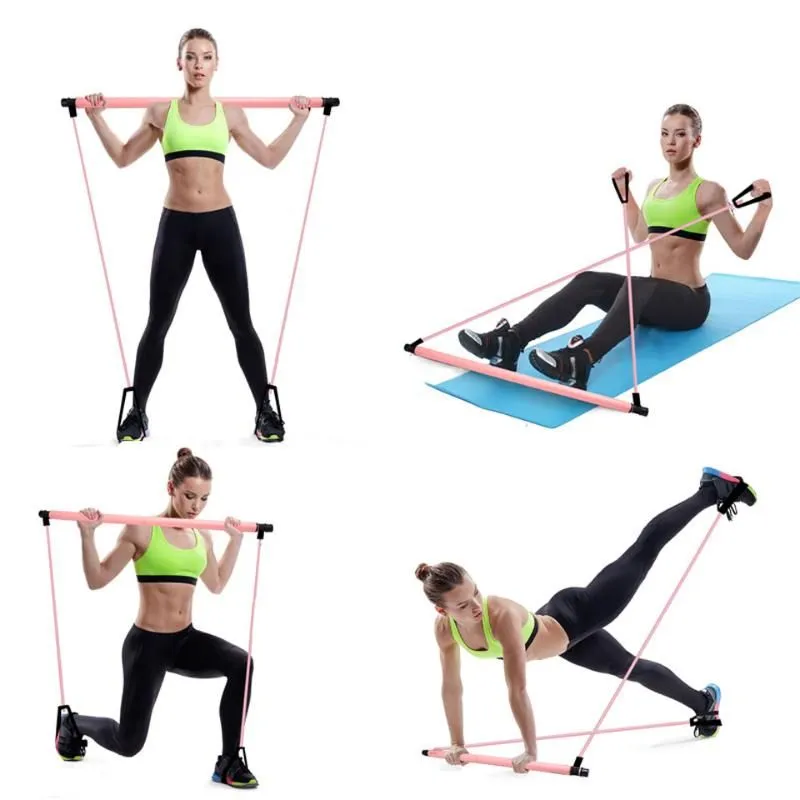 Resistance Bands Fitness Exercise Bar Kit Gym Pilates With Band Traction Device For Yoga Rope