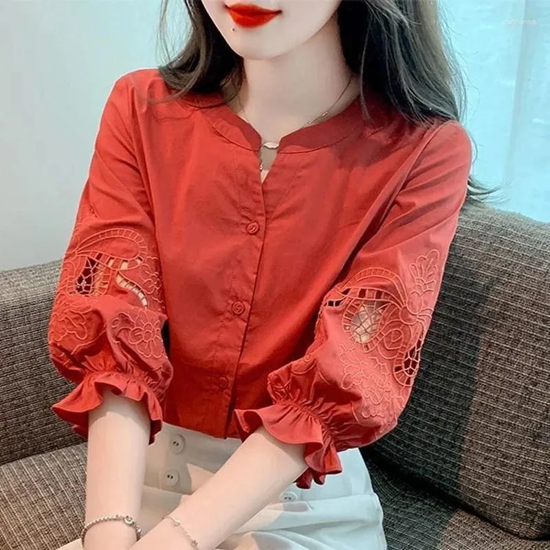 Women`s Blouses Clothing Embroidery Hollow Simple Cotton Button Up Shirt Summer Trendy 3/4 Sleeve Solid Loose Casual Chic LJ559