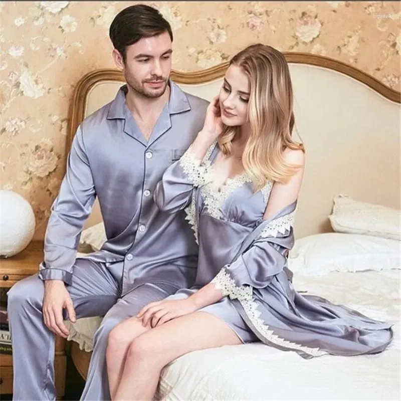 Women`s Sleepwear Couple Pajamas 2 Pieces Woman Set Silk Satin Robe & Gown Home Wear Women Man Suit
