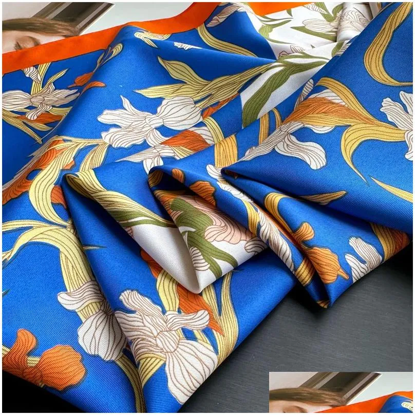 lots style 90*90cm classics design fashion brand classic letter beautiful flower satin luxury square scarf outdoor shawl silk turban beach wrap women flower