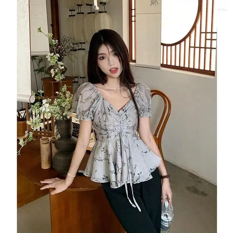 Women`s Blouses V Neck Puff Sleeve Shirts Bandage Summer Folds Slim Waist Tops Women Vintage Print Chinese Style Chemise Femme Y2k
