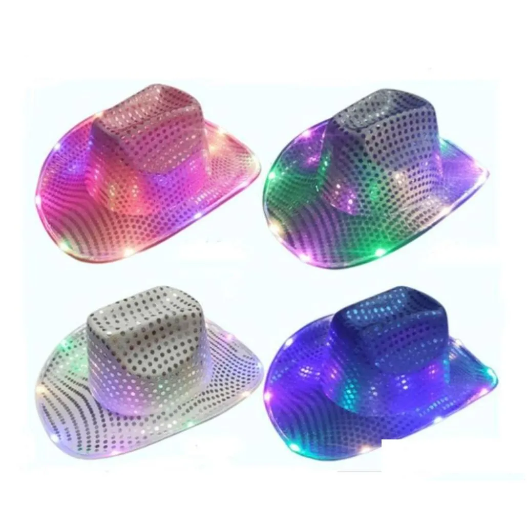 Party Hats Space Cowgirl Led Hat Flashing Light Up Sequin  Luminous Caps Halloween Costume Wholesale Fy7970 Drop Delivery Home G Dhkkv