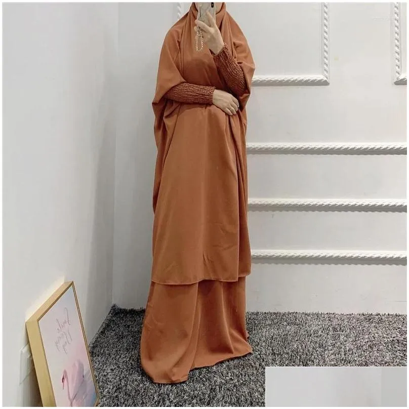 Ethnic Clothing Women Prayer Garment 2 Piece Set 2024 Ramadan Eid Hooded Khimar Abayas Islamic Abaya Hijab Dress Niqab Kaftan Robe
