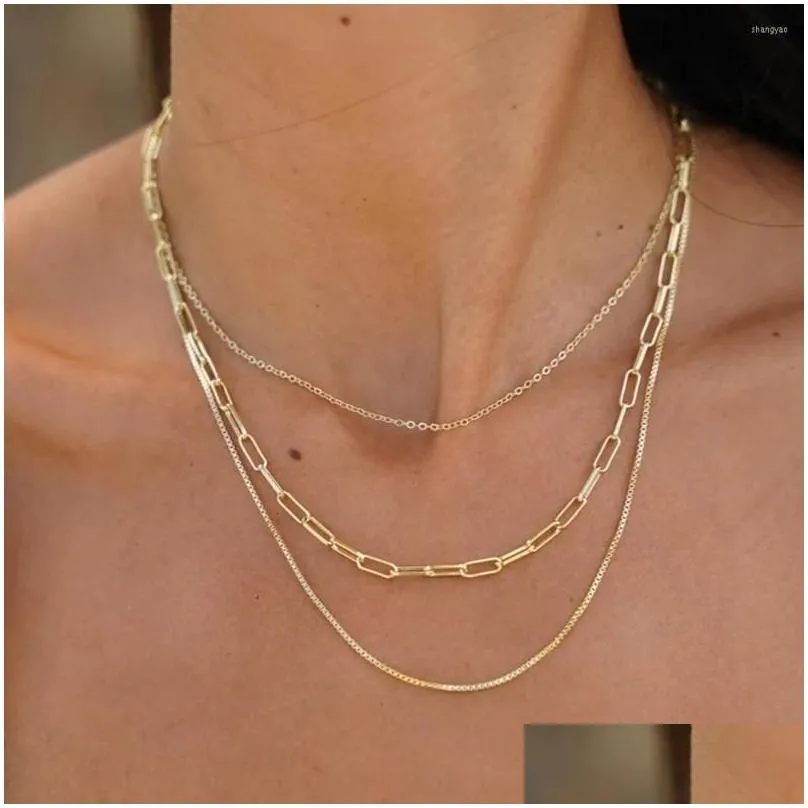 Pendant Necklaces Uworld Vintage 18K Gold Plated Paperclip Box Chain Layered Necklace Stainless Steel Link Triple Layer For Girls Dr Dhcvz