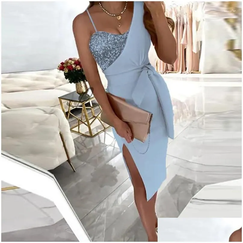 Casual Dresses Sexy One Shoulder Evening Dress Women`s Sequins Shiny Club Party Belt Slim Split Cocktail Midi Formal Gown