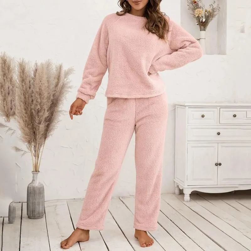 Women`s Two Piece Pants Casual Loose Plush Pant Sets Autumn Winter Trousers Of Pure Color Long Sleeve Knitting Sweater Set Outer Wear