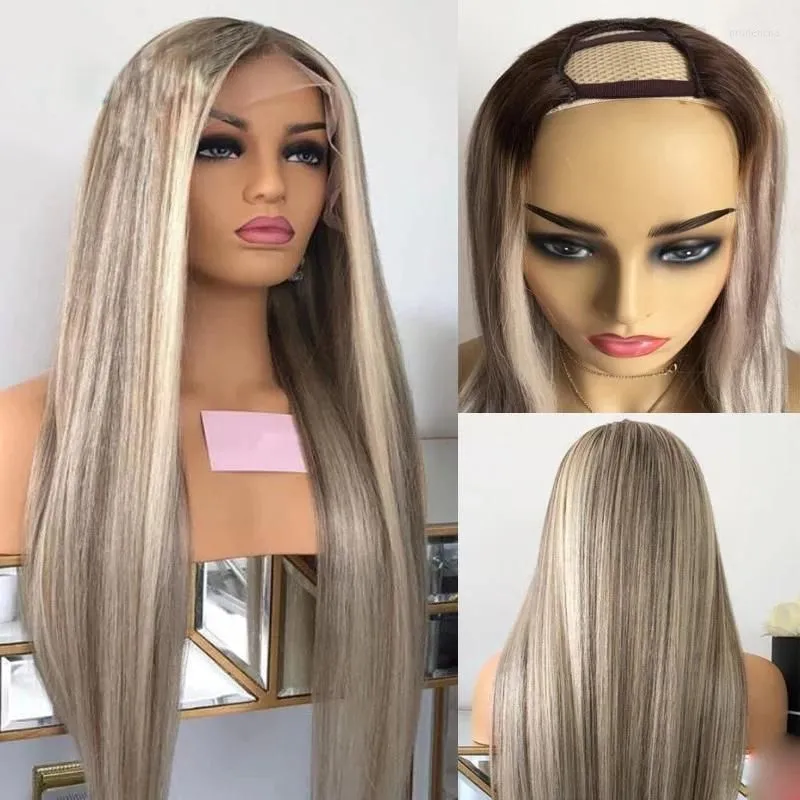 Ombre Platinum Blonde Wavy U Part Wigs 1x4 Middle Open Human Hair Wig For Women Malaysian Remy 200density Full Machine Made