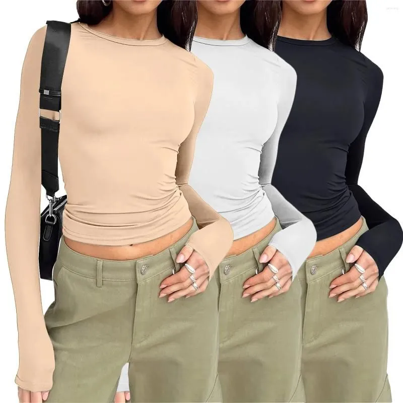 Women`s T Shirts 3 Piece Set Basic Short T-Shirt Long Sleeve Tees Tops Autumn Spring Fashion Underwear Slim Fit Crop Top Blouse